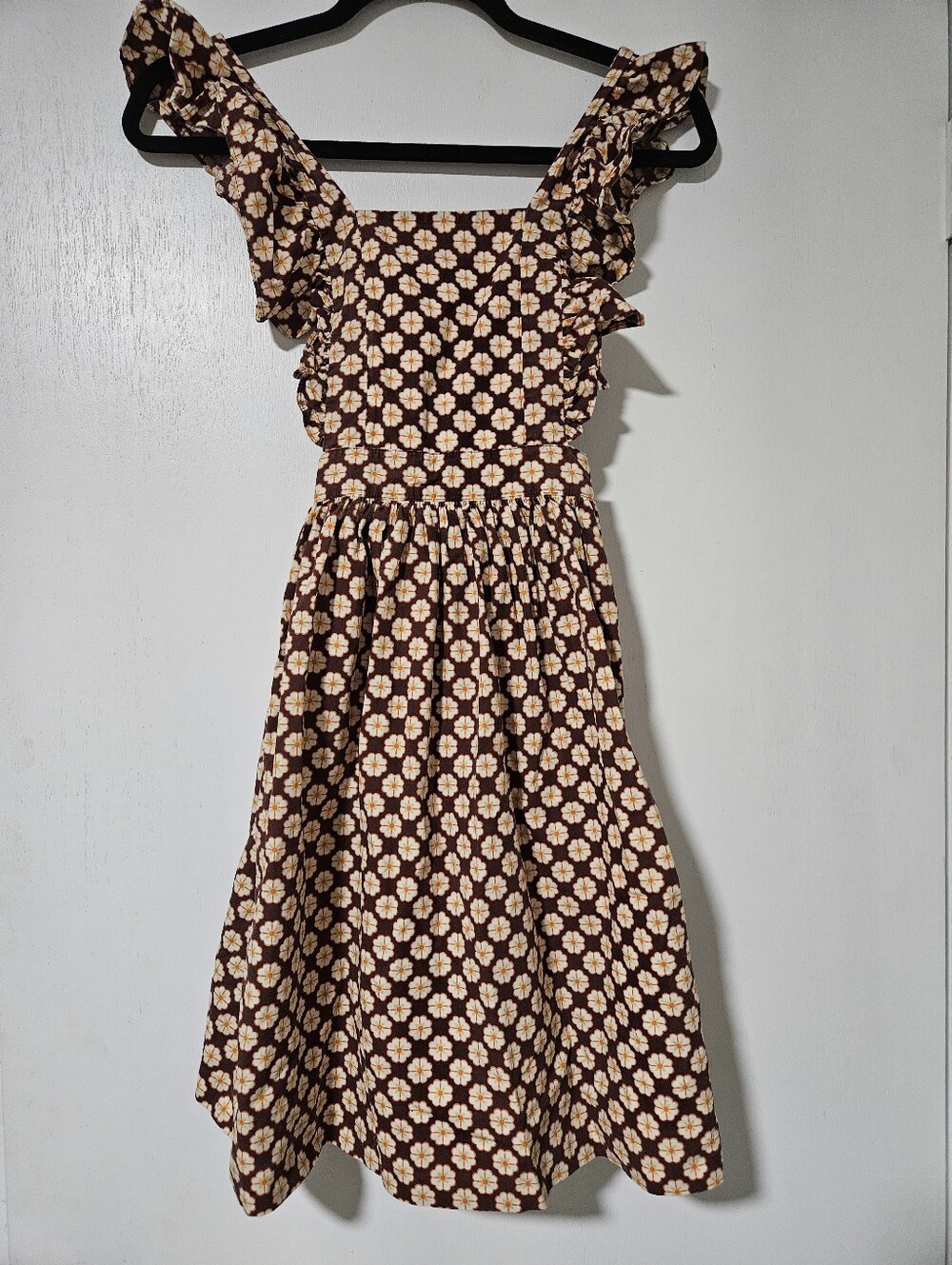 Eleanor Rose Christine Dress Retro Brown Floral Apron Pinafore Girls Size 14/16